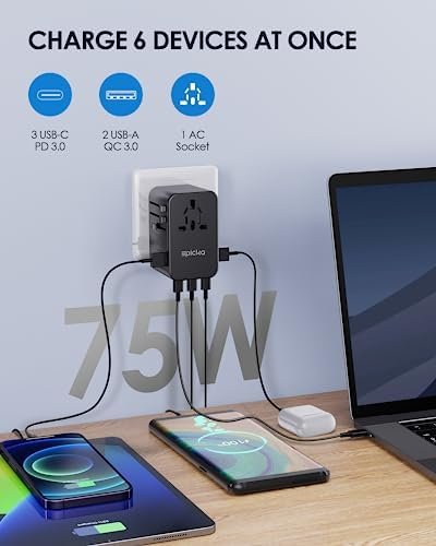 EPICKA Universal Travel Adapter, GaN 75W International Plug Adapter with 3 USB-C PD Fast Charging & 2 USB-A Quick Charging Adaptor All-in-one Wall Charger for USA EU UK AUS (TA-105 Max, Black) - Image 2