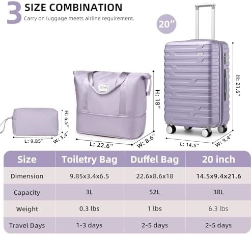 LARVENDER Luggage Sets 3 Piece, Hardside 20 Inch Carry on Luggage Airline Approved Suitcase Set with Spinner Wheels TSA Lock, Lightweight Rolling Suitcase for Men and Women, Lavender - Image 5