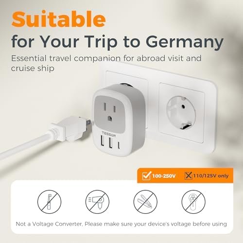 2 Pack Type E F Plug Adapter, TESSAN South Korea Outlet Adapter with 3 USB Ports (1 USB C), Schuko Travel Plug for US to Europe EU Spain Germany France Iceland Greece Russia Norway - Image 5