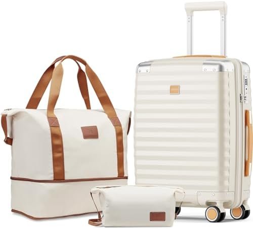 Joyway Carry On Luggage, 20 IN Suitcase Hardside Checked with TSA Lock, Spinner Double Wheels for Men and Women with Bag 3PCS, Cream Color