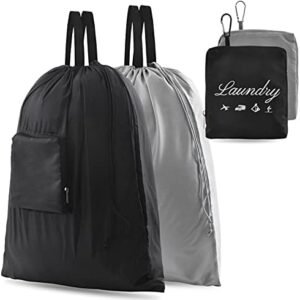 2 Pcs JHX Travel Laundry Bags, Dirty Clothes Organizer【Upgraded】with Handles and Aluminum Carabiner for Travel, Camp, Fitness, and Students (Black&Grey) 24"L x 21"W