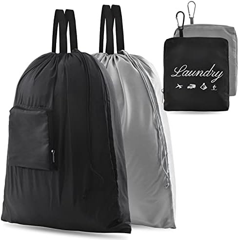 2 Pcs JHX Travel Laundry Bags, Dirty Clothes Organizer【Upgraded】with Handles and Aluminum Carabiner for Travel, Camp, Fitness, and Students (Black&Grey) 24"L x 21"W