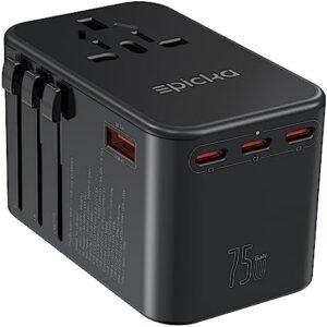 EPICKA Universal Travel Adapter, GaN 75W International Plug Adapter with 3 USB-C PD Fast Charging & 2 USB-A Quick Charging Adaptor All-in-one Wall Charger for USA EU UK AUS (TA-105 Max, Black)