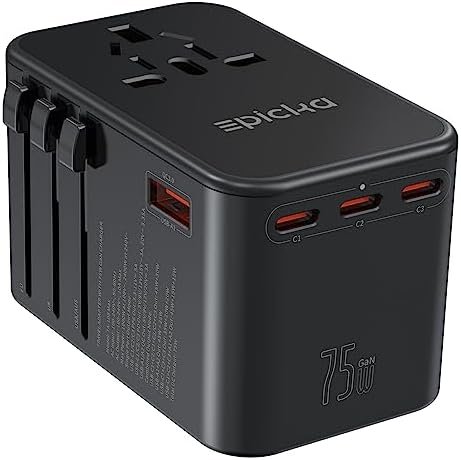 EPICKA Universal Travel Adapter, GaN 75W International Plug Adapter with 3 USB-C PD Fast Charging & 2 USB-A Quick Charging Adaptor All-in-one Wall Charger for USA EU UK AUS (TA-105 Max, Black)