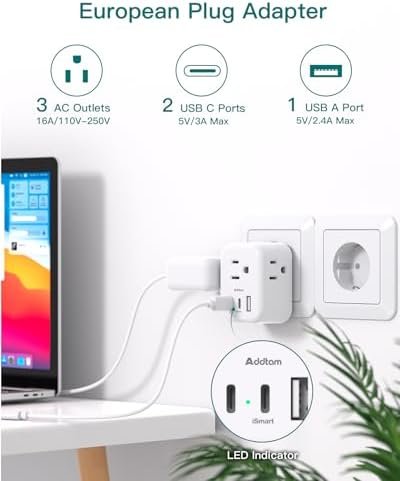 3 Pack European Travel Plug Adapter, Addtam US to Europe Plug Adapter with 3 Outlets 3 USB Charger (2 USB C Port), Type C Power Adaptor to Italy Spain France Portugal Iceland - Image 2
