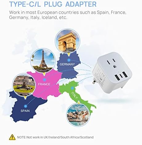 2 Pack Foldable European Travel Plug Adapter with 3 USB (1 USB-C Port) and 1 AC Power Outlet Charger for US to Most of Europe France Germany Spain and Italy (Type C/L) - Image 6