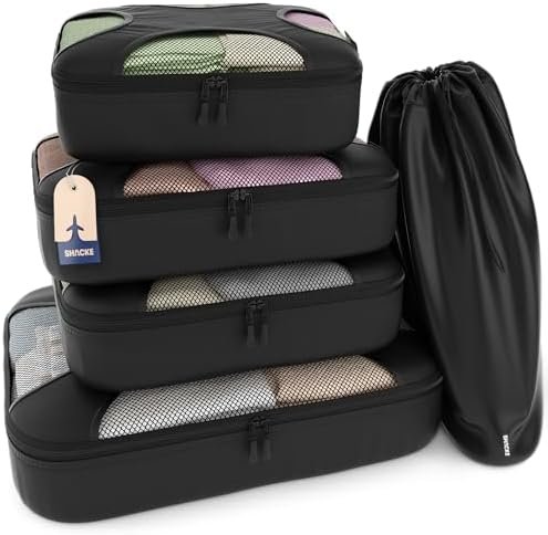 Shacke Premium 5 Packing Cubes Set - Lightweight Mesh Travel Luggage Organizers with Laundry Bag, 5-Piece Suitcase Storage System (Black)