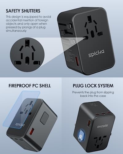 EPICKA Universal Travel Adapter, GaN 75W International Plug Adapter with 3 USB-C PD Fast Charging & 2 USB-A Quick Charging Adaptor All-in-one Wall Charger for USA EU UK AUS (TA-105 Max, Black) - Image 4