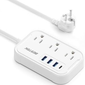 European Travel Plug Adapter - US to Europe Plug Adapter with 3 AC Outlets and 4 USB(1 PD20W) Type E/F - International Travel Adapter for USA to Germany France Iceland Spain, 2.6ft