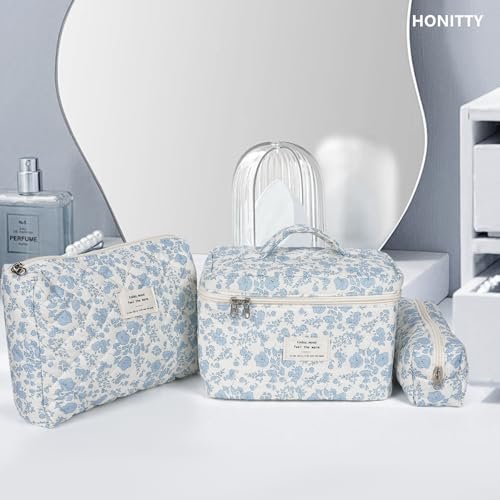 Makeup Bag,Quilted Cosmetic Bag,Large Floral Make Up Bag for Women,Cotton Makeup Bag Set,Flower Travel Toiletry Bag - Image 5
