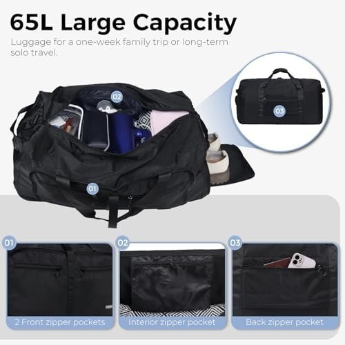 Fmeida 65L Duffle Bag with Shoes Compartment, Foldable Travel Duffel Bags for Men Women, Large Packable Travel Bag Water Repellent & Tear Resistant (Black) - Image 4