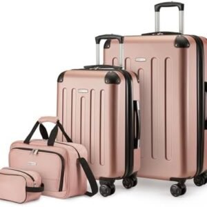 Amazon Basics 4-Piece Luggage Set, Including Two Hardside Suitcases With Multi-directional Spinner Wheels (22" Carry-On and 28" Checked), 15" Tote Bag and 10" Compact Travel Bag, Rose Gold