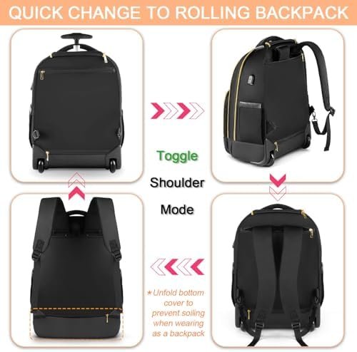 Rolling Backpack Carry On Luggage For Adults With Wheels, 40L Wheeled Backpack For Women, Travel Roller Bag, Black Gold - Image 8