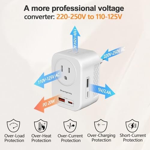 220V to 110V Voltage Converter US to Europe International Universal Travel Adapter, 20W PD With 2 USB-A 2 USB-C Port, Worldwide Power Converter Plug Combo US to Spain Italy Greece White-C - Image 2