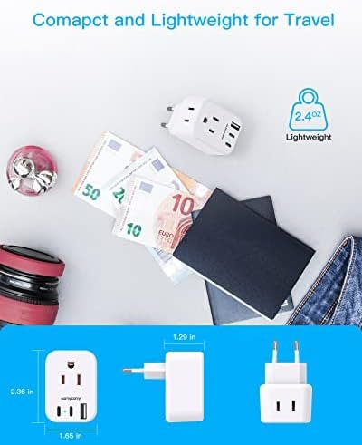 European Travel Plug Adapter USB C, HANYCONY International Plug Adapter, US to Europe Adapter Plug 2 Outlets 3 USB Ports(2 C Port), Type C Power Adapter to Italy Spain France Portugal Iceland Germany - Image 4