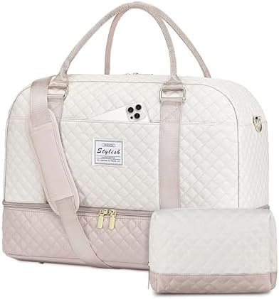 Travel Duffle Bag Weekender for Women - Carry On Overnight Bag with Shoe Compartment Duffel Bag with Wet Pocket Large Gym Weekend Bags Set Hospital Bags for Labor and Delivery Beige