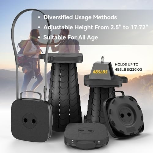 2025 Upgraded Portable Folding Stool, Collapsible Stool, Telescoping Camping Stool with Max Load Capacity 485lbs, Square Retractable Seat for Camping Gardening Fishing Hiking BBQ[Black] - Image 4