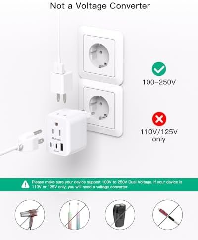 European Travel Plug Adapter, 2 Pack Foldable International Power Plug Adapter with 2 AC Outlets 3 USB Charging Ports(2 USB C), Travel Essentials - Image 6