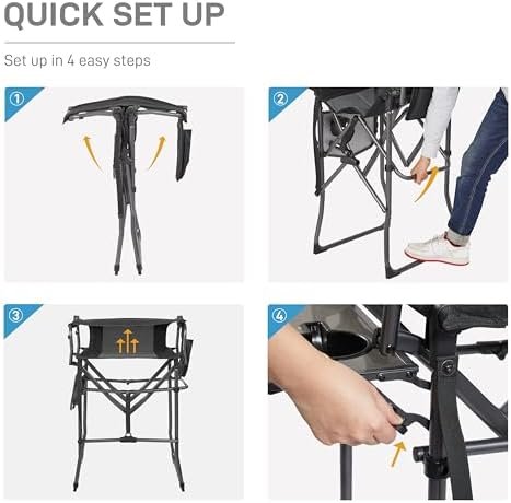 EVER ADVANCED Portable 30.7" Seat Height Tall Folding Camping Chair Directors Chair High Foldable Bar Stool with Side Table for Makeup Artist, Sports Event, Craft Show, Supports 350LBS Black Grey - Image 8