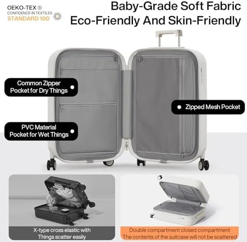 mixi Carry On Luggage with Cup Phone Holder Hard Shell Rolling Travel Suitcase with Spinner Wheels,20 Inch Smoke White - Image 3