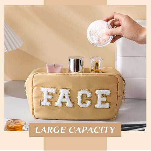 Remerry 4 Pcs Travel Toiletry Bags for Women Nylon Makeup Bag Organizer Cosmetic Chenille Letter Pouch Zipper Preppy Waterproof Hair Pouch Christmas Gift (Light Brown, Beige, Light Pink, White) - Image 6