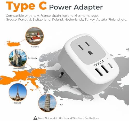 2 Pack European Travel Plug Adapter, TESSAN US to Europe Plug Adapter with 3 USB Ports (1 USB C), Type C Power Outlet for EU International Italy Iceland Spain France Germany - Image 2