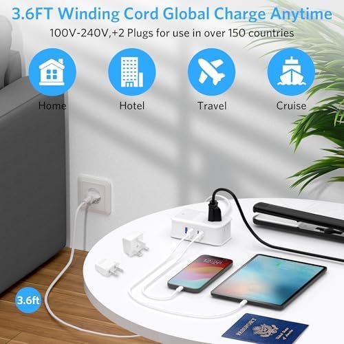 BESTEK European Travel Plug Adapter: - 4 Outlets 4 USB Ports (2 USB C) with 3.6FT Wrapped Short Extension Cord, Small Portable Desktop Charging Station, Compact for Hotel Travel Cruise Essentials - Image 5