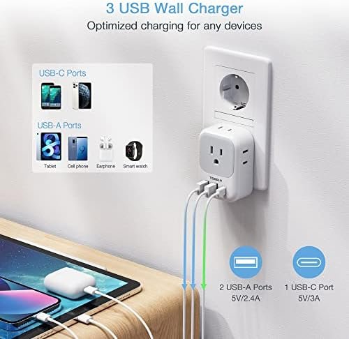 TESSAN 2 Pack Type E F Plug Adapter USB C, Germany France Power Adaptor with 3 USB Charger Ports, 4 AC Outlets Travel Plug for US to Europe EU Spain Iceland Korea Greece Russia German French - Image 2