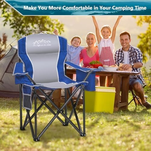 2PCS Folding Camping Chair, Heavy Duty Portable Lawn Chairs with Cooler Bag, Side Pocket & Cup Holder, Folding Chairs for Outside Support 450lbs Blue - Image 7