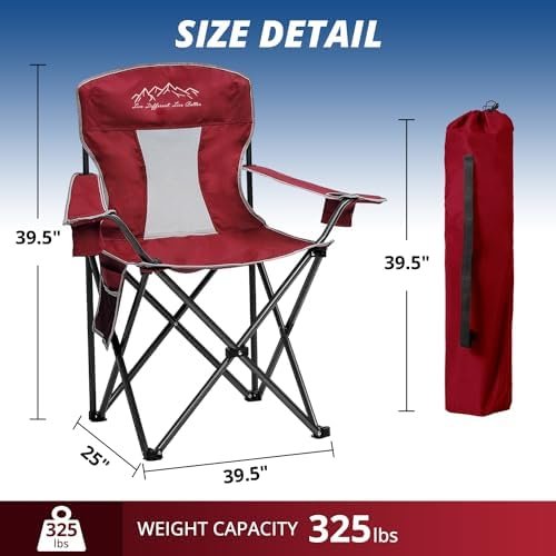 2PCS Mesh Folding Camping Chairs, Oversized Portable Outdoor Chairs, Weight Capacity 325 lbs with Cup Holder, Storage Pocket, Carry Bag Red - Image 3
