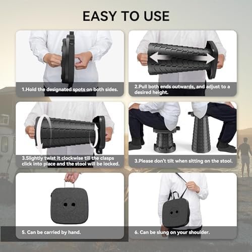 2025 Upgraded Portable Folding Stool, Collapsible Stool, Telescoping Camping Stool with Max Load Capacity 485lbs, Square Retractable Seat for Camping Gardening Fishing Hiking BBQ[Black] - Image 6