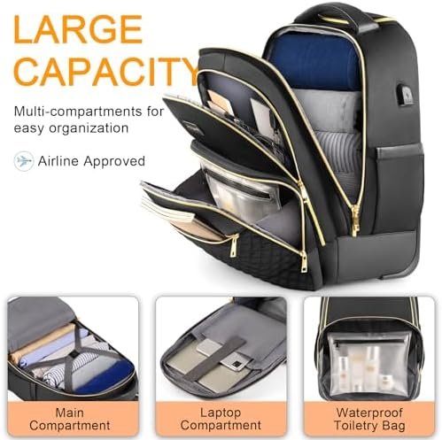 Rolling Backpack Carry On Luggage For Adults With Wheels, 40L Wheeled Backpack For Women, Travel Roller Bag, Black Gold - Image 6