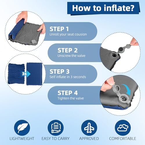 Inflatable Seat Cushion, Lightweight Self-Inflating Memory Foam Seat Cushion for Stadium Camping, Airplane Travel, Bleachers, Waterproof Portable Cushion Chair Pad with Carry Bag (Blue) - Image 3