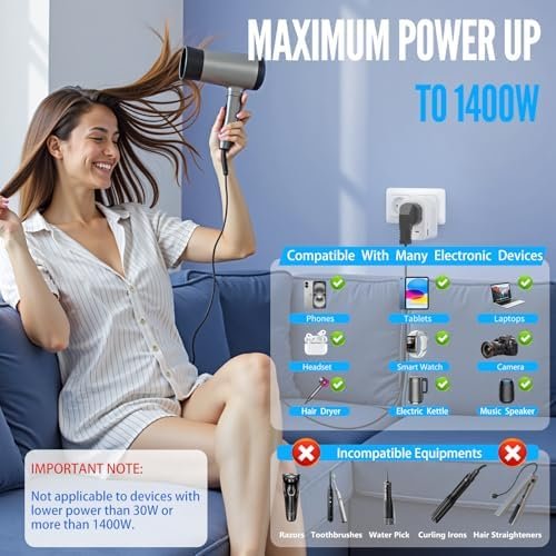 220V to 110V Voltage Converter US to Europe, European Travel Plug Adapter, PD 20W Quick Charging, 2 USB-A & 2 USB-C Port, Universal 1400W Power Converter Adapter Combo for Italy, Spain, France - Image 5
