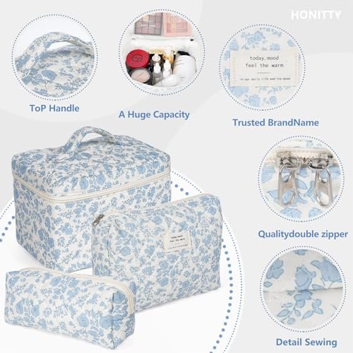 Makeup Bag,Quilted Cosmetic Bag,Large Floral Make Up Bag for Women,Cotton Makeup Bag Set,Flower Travel Toiletry Bag - Image 3