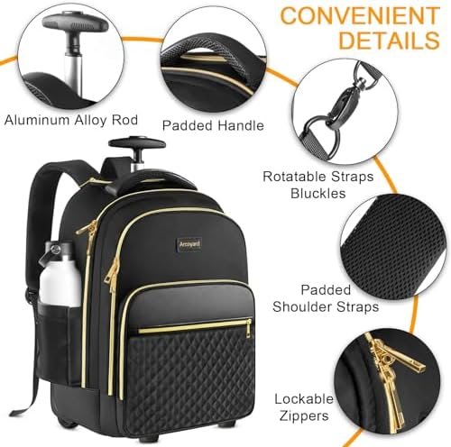 Rolling Backpack Carry On Luggage For Adults With Wheels, 40L Wheeled Backpack For Women, Travel Roller Bag, Black Gold - Image 3