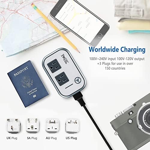 FOVAL Power Step Down 220V to 110V Travel Voltage Converter International Power Adapter for Hair Straightener/Curling Iron with 4-Port USB Charging US/UK/AU/IT/EU Universal Plug Adapter (Gray) - Image 6