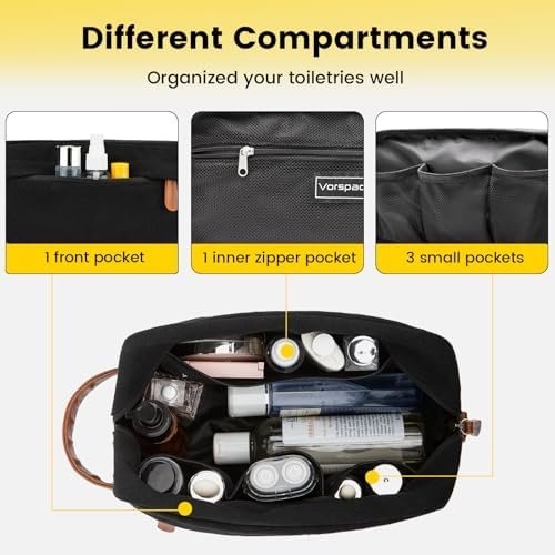 Vorspack Toiletry Bag Hanging Dopp Kit for Men Water Resistant Canvas Shaving Bag with Large Capacity for Travel- Black - Image 3