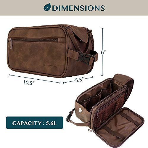PAVILIA Toiletry Bag for Men, Travel Essentials Shaving Dopp Kit, Mens Travel Bag Toiletries Organizer Case for Grooming, PU Leather Water Resistant Cosmetic Bag Pouch (Dark Brown) - Image 4