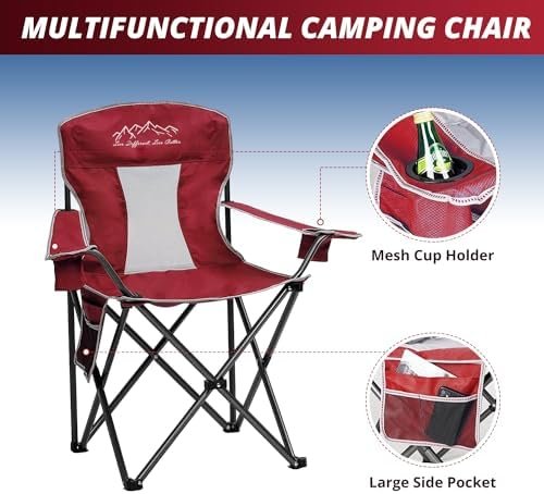 2PCS Mesh Folding Camping Chairs, Oversized Portable Outdoor Chairs, Weight Capacity 325 lbs with Cup Holder, Storage Pocket, Carry Bag Red - Image 5