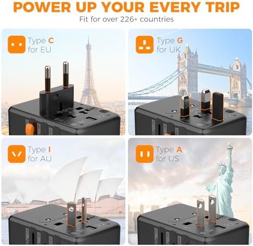 TESSAN Universal Travel Adapter, GaN 65W International Plug Adaptor with 4 USB(2 USB C) Charging Ports, Worldwide Power Outlet for US to European EU UK AUS Ireland(Type C/G/A/I) - Image 4