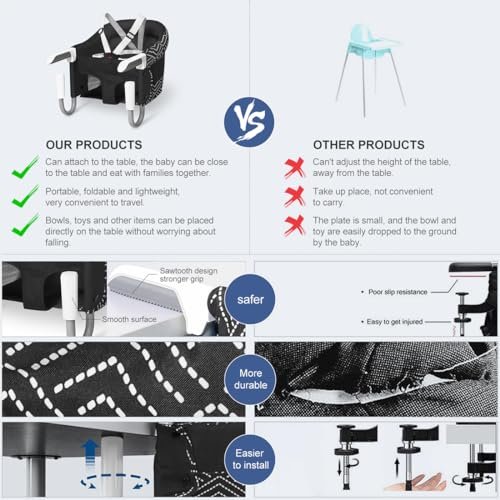 MTWML Hook On High Chair with Tray,Portable Baby High Chair That Attaches to Table,Clip On Fast Table Seat for Babies and Toddlers.Baby Feeding Seat for Dining Tables and Counter(Stripe-Black) - Image 6