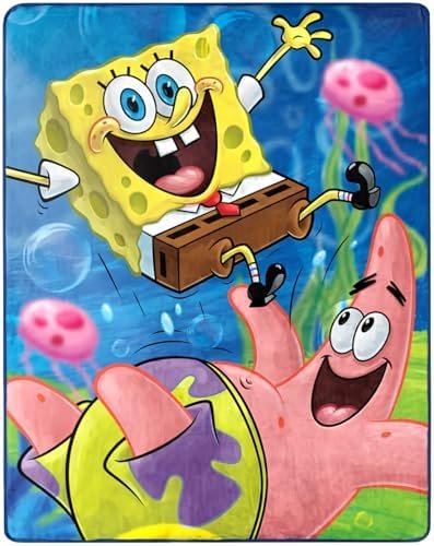 Nickelodeon Spongebob Squarepants Silky Soft Throw Blanket., Blue, Yellow, Pink, Green, White