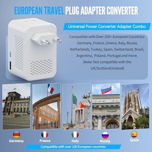 220V to 110V Voltage Converter US to Europe, European Travel Plug Adapter, PD 20W Quick Charging, 2 USB-A & 2 USB-C Port, Universal 1400W Power Converter Adapter Combo for Italy, Spain, France - Image 3