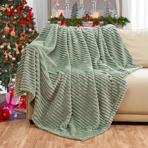 Bnuitland Sage Green Flannel Throw (50X70 inches) with Storage Pouch,300GSM Super Soft Fleece Stripe Pattern Sofa Blanket for Adults and Kids, Lightweight Cozy Bed Throw for Home Decor All Season - Image 9