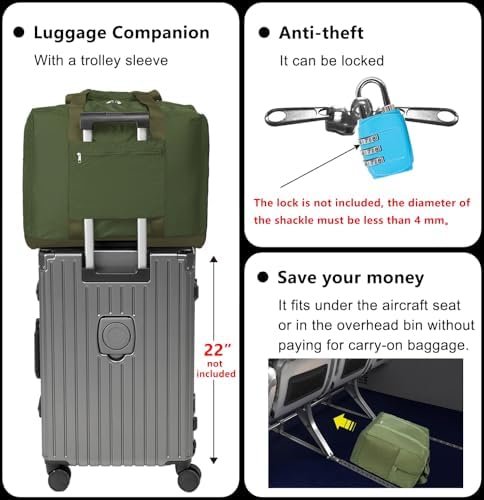 Foldable Travel Duffle Bag with Trolley Sleeve 40L - 18x14x8 inches Airline Underseat Lightweight Travel Bag - Packable Ripstop Nylon Carry on Bag (Army Green) - Image 3
