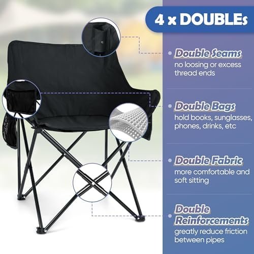 HaSteeL Camping Chair for Adults, Compact Folding Portable Chairs Set with Side Pockets for Outdoors Fishing, Hiking, Backpacking, Picnic, Beach, Travel, Supports to 250lbs, & Storage Bags (Black) - Image 3