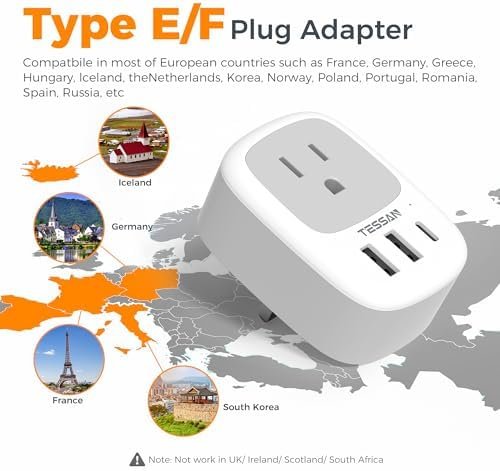 2 Pack Type E F Plug Adapter, TESSAN South Korea Outlet Adapter with 3 USB Ports (1 USB C), Schuko Travel Plug for US to Europe EU Spain Germany France Iceland Greece Russia Norway - Image 2