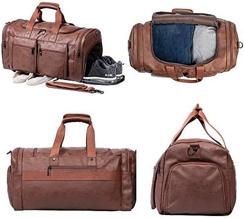 Leather Travel Bag with Shoe Pouch,Weekender Overnight Bag Waterproof Leather Large Carry On Bag Travel Tote Duffel Bag for Men or Women-Brown - Image 2