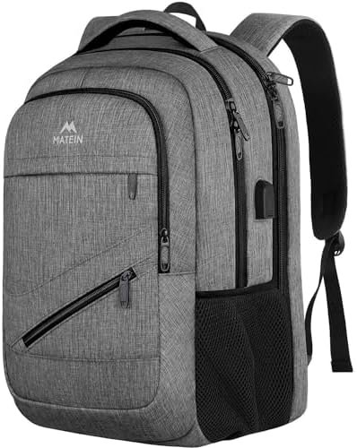 MATEIN Travel Laptop Backpack, 17 Inch Business Flight Approved Carry on Backpack, TSA Large Computer Bag for Men Women with USB Port and Trolley Sleeve, College School Tactical Book Bag, Grey